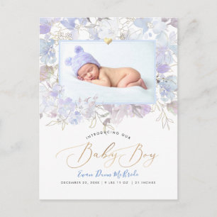 PixDezines Blue Watercolor-blommor Boy Birth Vykort