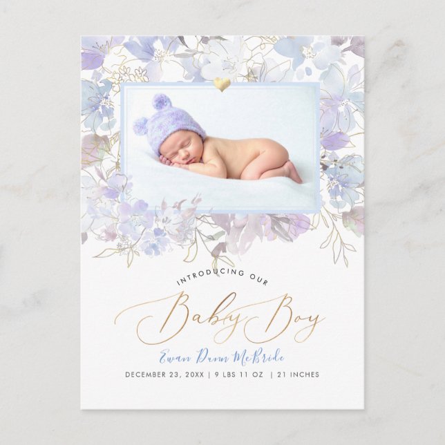 PixDezines Blue Watercolor-blommor Boy Birth Vykort (Framsida)