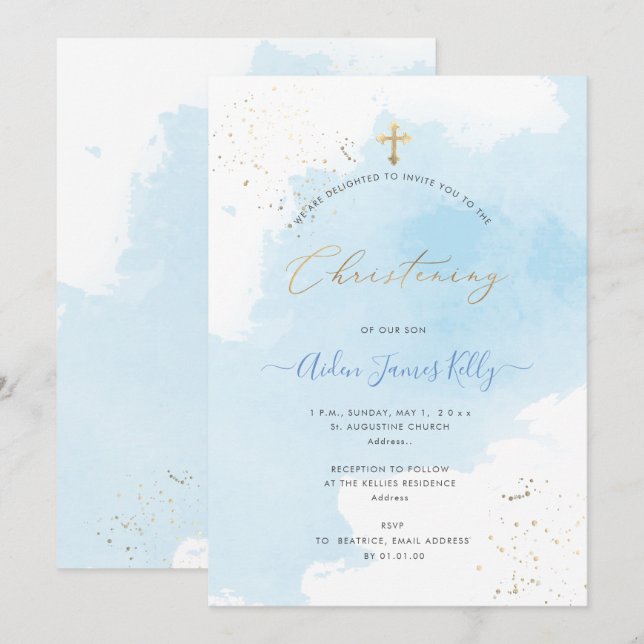 PixDezines Blue Watercolor Confetti Christening Inbjudningar (Fram/baksida)