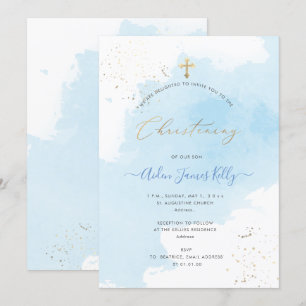 PixDezines Blue Watercolor Confetti Christening Inbjudningar