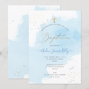 PixDezines Blue Watercolor Guld Dust Baptism Inbjudningar