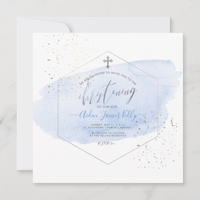 PixDezines Blue Watercolor+Honeycomb Christening Inbjudningar (Framsida)