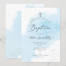 PixDezines Blue Watercolor Silver Dust Baptism Inbjudningar