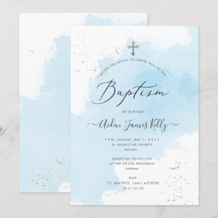 PixDezines Blue Watercolor Silver Dust Baptism Inbjudningar