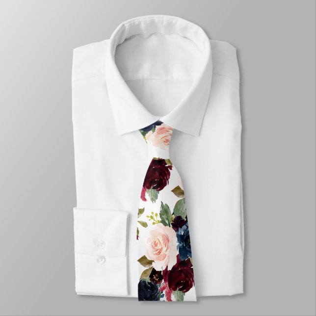 PixDezines Blush Burgunderblå Akvarell Blommor Slips (Bunden)