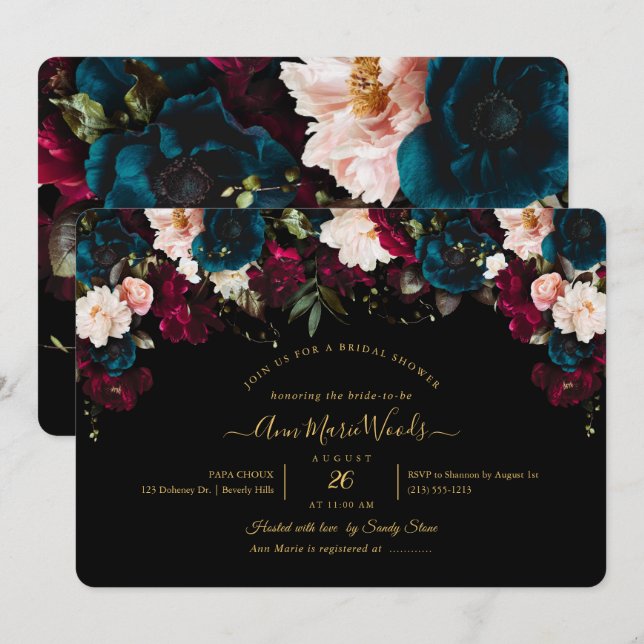 PixDezines Blush Burgundy Teal Bröllopsdusch Inbju Inbjudningar (Fram/baksida)