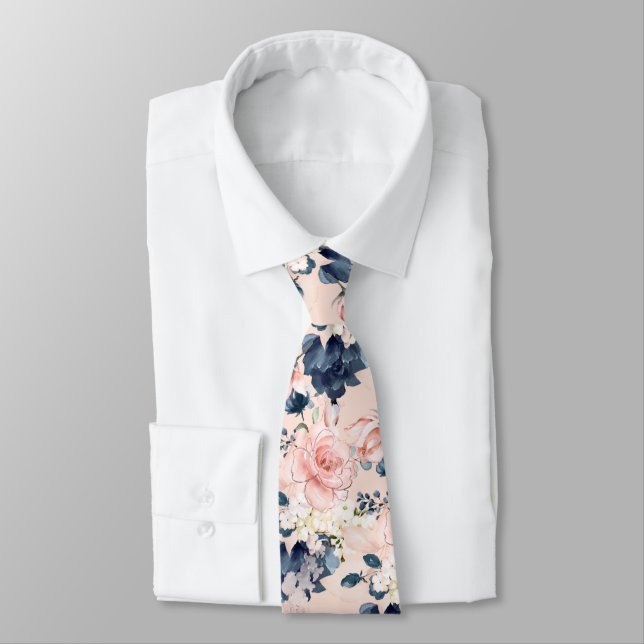 PixDezines Blush Rosa Isblå Akvarell Blommor Slips (Bunden)
