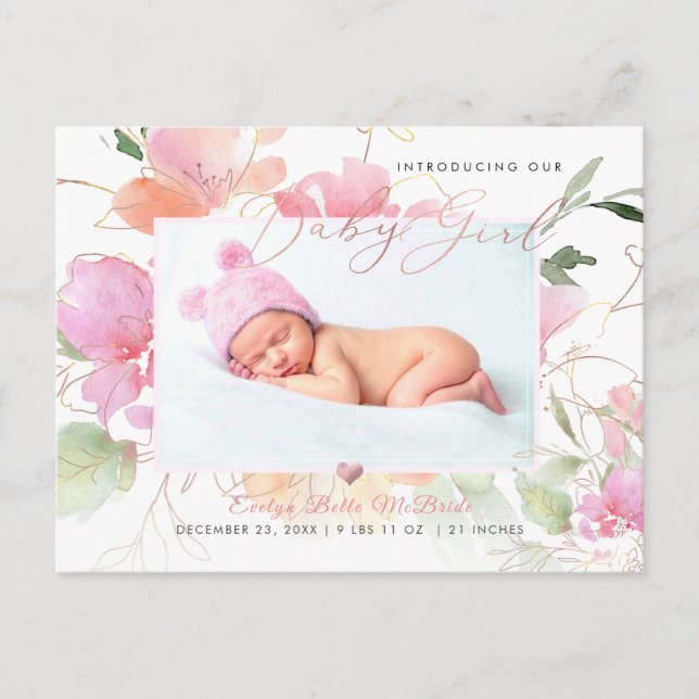 PixDezines Blush Vattenfärg blommor Flicka Födelse Vykort (Framsida)