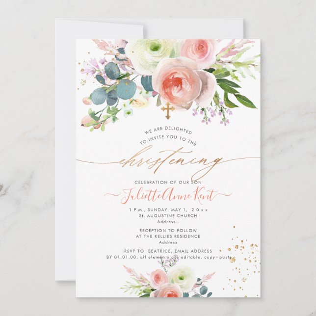 PixDezines Blush Watercolor Peonies Dopning Inbjudningar (Framsida)
