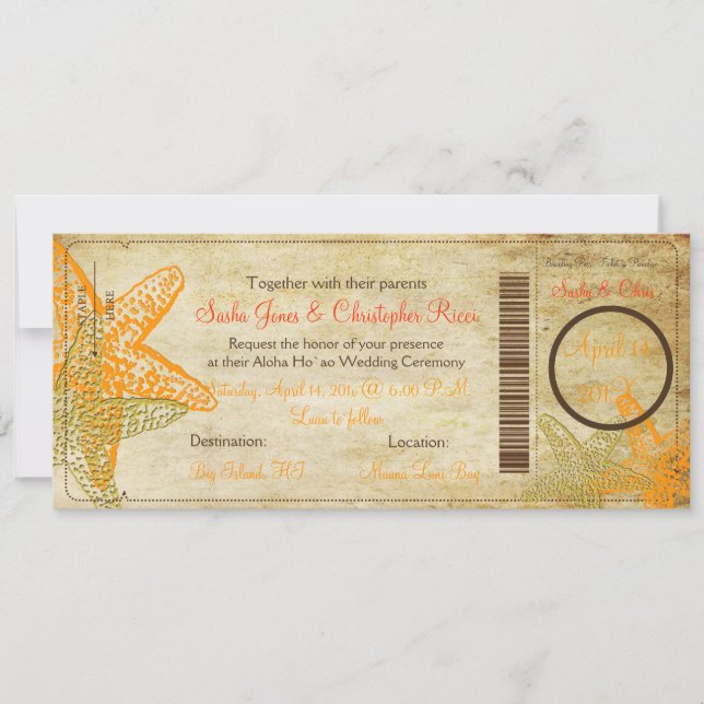 PixDezines Boarding Pass+Beach+Orange Starfish Inbjudningar (Framsida)