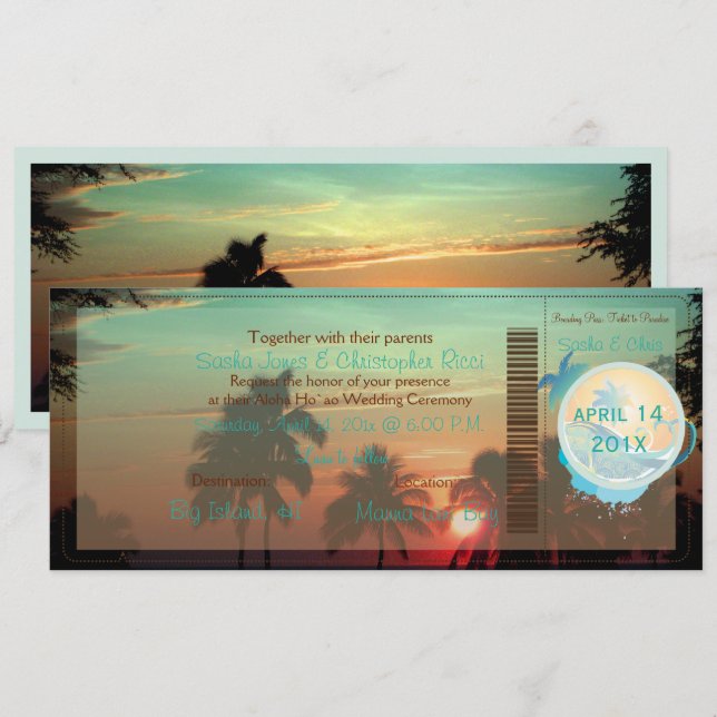 PixDezines Boarding Pass hawaii sunset Inbjudningar (Fram/baksida)