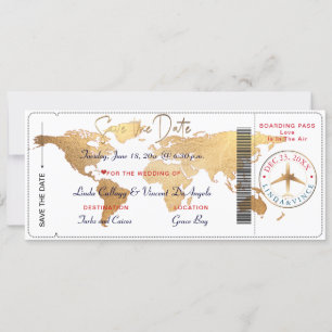 PixDezines Boarding Pass Save the Date, World Map Inbjudningar