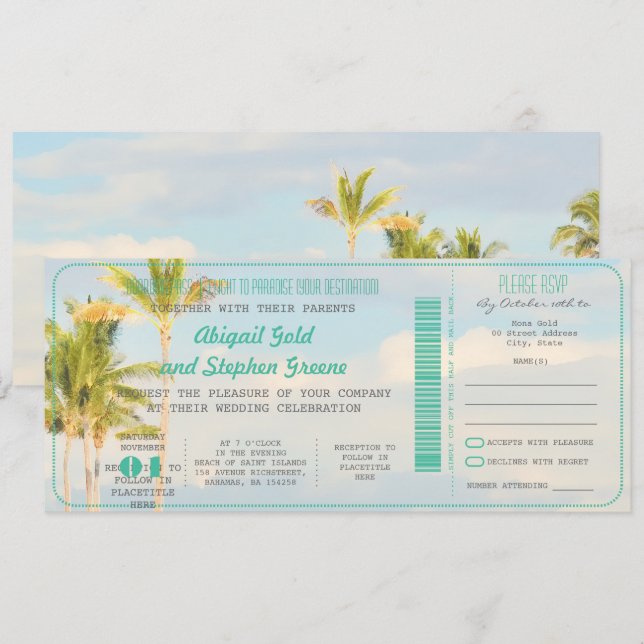 PixDezines Boarding Pass+Vintage Bröllop vid stran Inbjudningar (Fram/baksida)