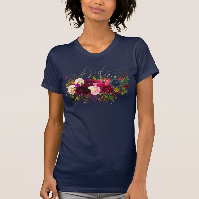 PixDezines Bride/+Bordeaux Flowers T Shirt (Framsida)