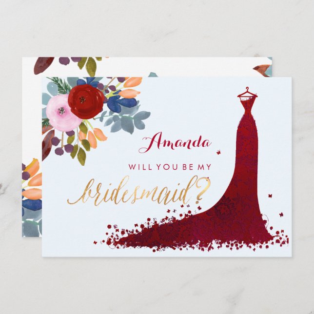 PixDezines Bridesmaid/Blommigt/Watercolor/Red Inbjudningar (Fram/baksida)