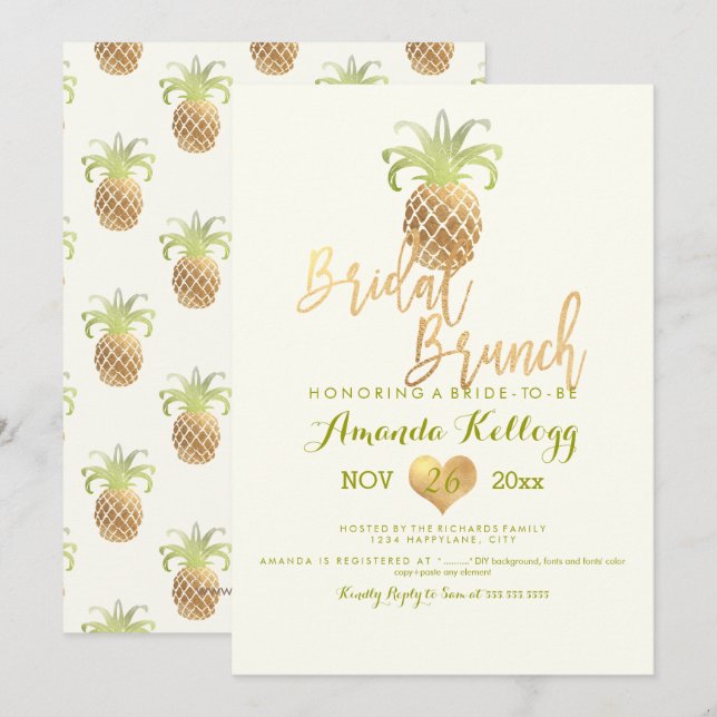 PixDezines Bröllopsbrunch/Falskt Guld/Ananas Inbjudningar (Fram/baksida)