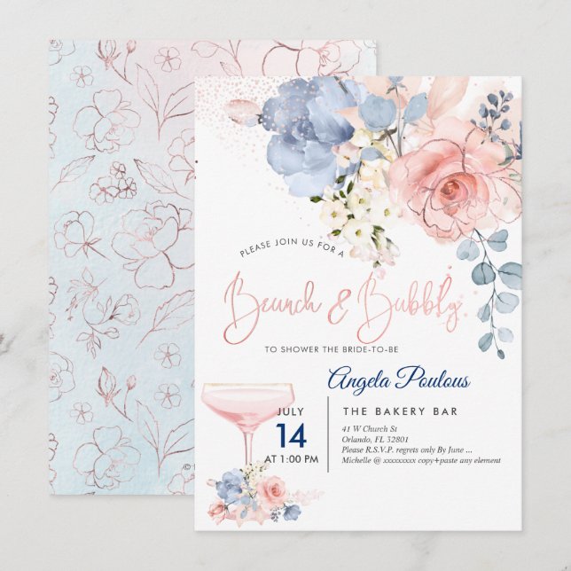 PixDezines Brunch Bubbly Blush+Blue H2 blommor  Inbjudningar (Fram/baksida)