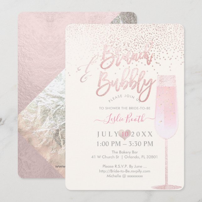 PixDezines Brunch Bubbly/Rosa Champagne Konfetti Inbjudningar (Fram/baksida)