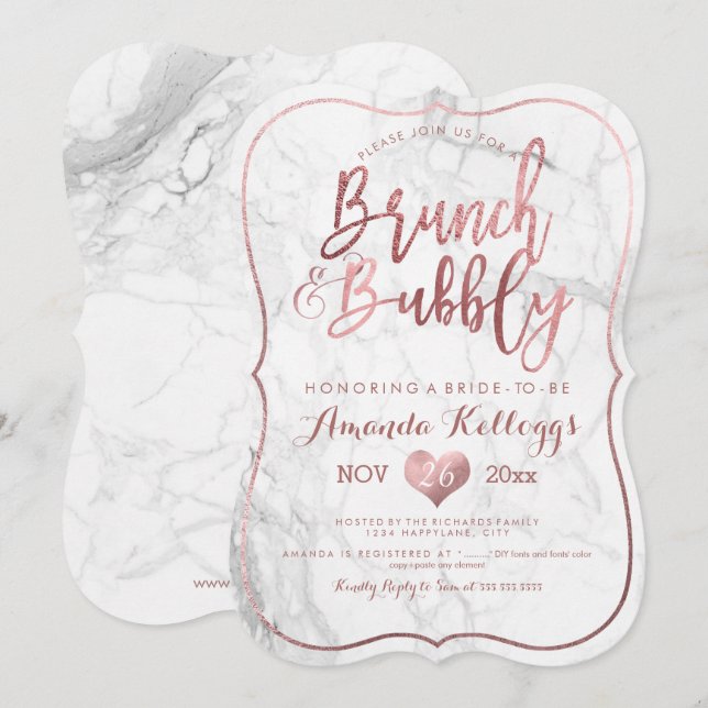 PixDezines Brunch Bubly/Faux Ro Guld Marble Inbjudningar (Fram/baksida)
