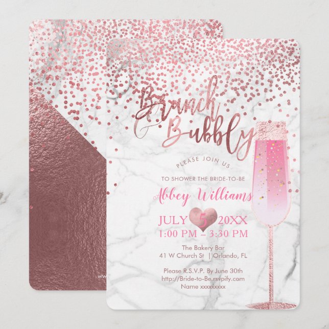 PixDezines Brunch N Bubbly/Roséguld/Confetti Inbjudningar (Fram/baksida)