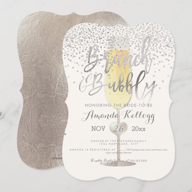 PixDezines Brunch N Bubbly/Silver Konfetti Inbjudningar (Fram/baksida)