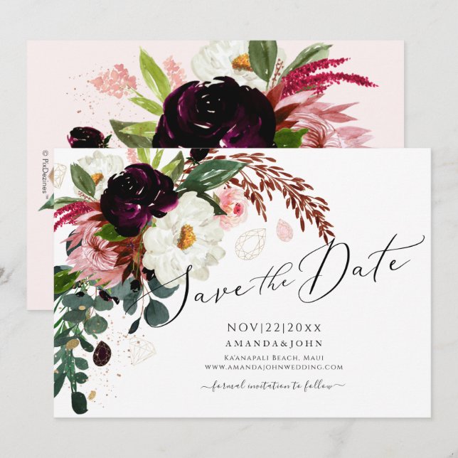 PixDezines Burgunder Rustik Blomning, Spara Datum Inbjudningar (Fram/baksida)