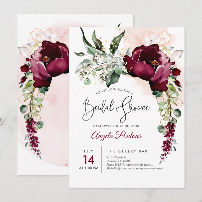 PixDezines Burgundy H2 Flowers Möhippa Inbjudningar (Fram/baksida)