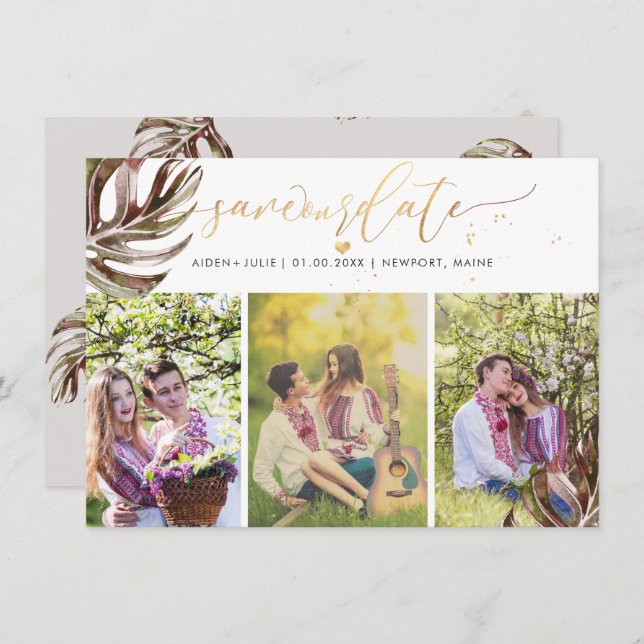 PixDezines Burgundy Monstera Faux Guld Spara Datumet (Fram/baksida)