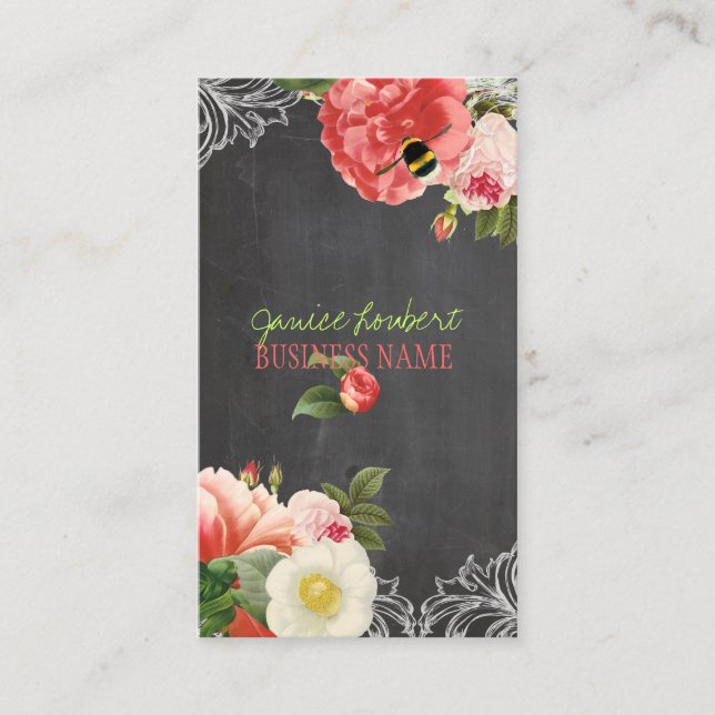 PixDezines Chalkboard+Vintage Peonies Visitkort (Framsida)
