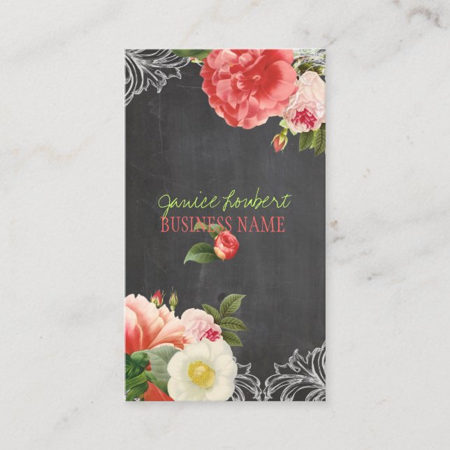 PixDezines Chalkboard+Vintage Peonies Visitkort (Framsida)
