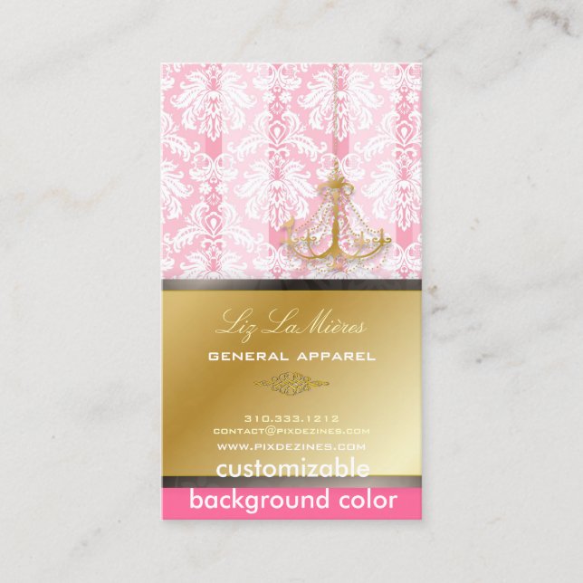 PixDezines Chandelier + Damask/ Fuschia + Guld Snö Visitkort (Framsida)