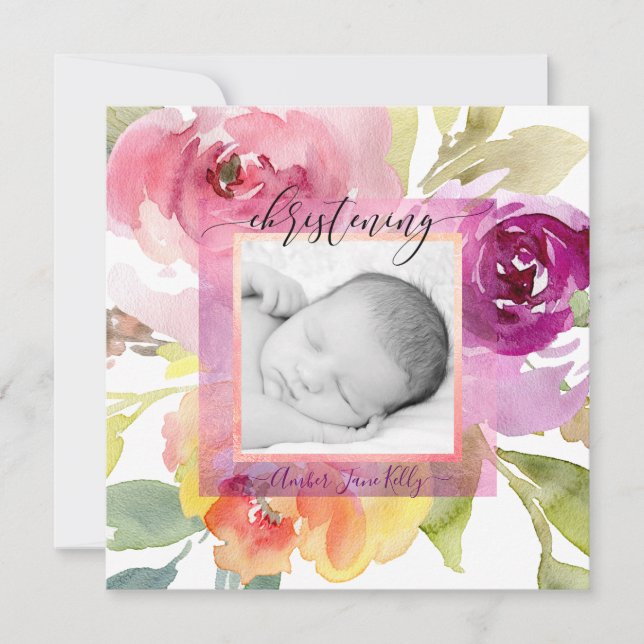 PixDezines Christening Bold Watercolor Flowers Inbjudningar (Framsida)