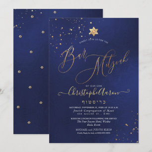 PixDezines Classic Navy+Guld Pub Mitzvah Inbjudningar