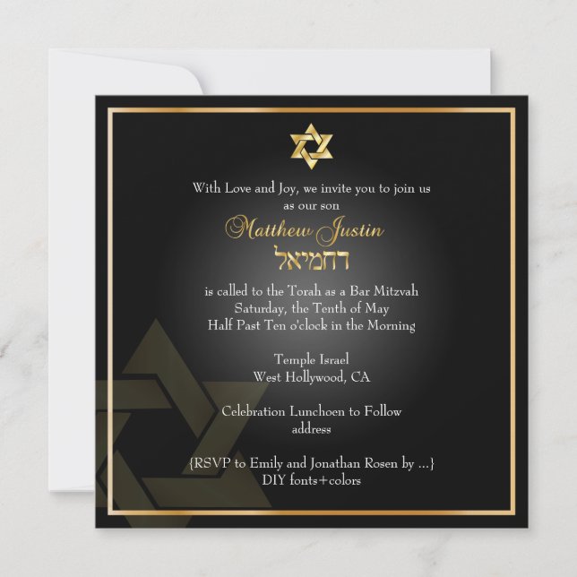PixDezines Classic Pub Mitzvah/guld+svart Inbjudningar (Framsida)