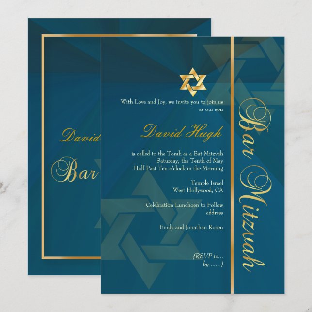 PixDezines CLASSIC PUB MITZVAH/TEAL BLUE+GULD Inbjudningar (Fram/baksida)