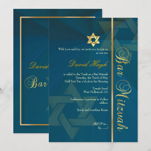 PixDezines CLASSIC PUB MITZVAH/TEAL BLUE+GULD Inbjudningar