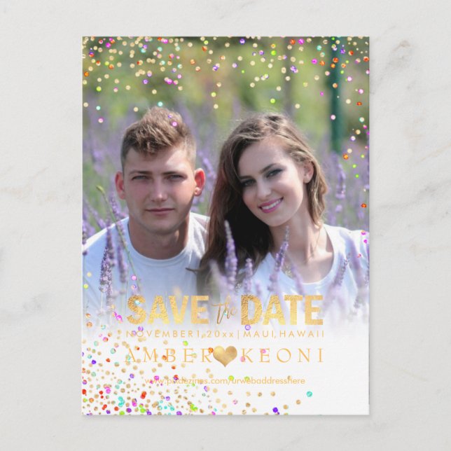 PixDezines Confetti+Faux Guld Spara datum Meddelande Vykort (Framsida)
