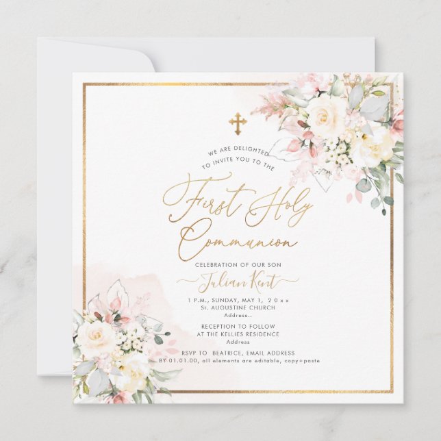 PixDezines  Cream Ro First Heliga Communion Inbjudningar (Framsida)