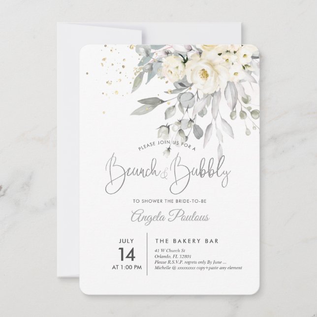 PixDezines Crème Rosor Eukalyptus Brunch+Bubbly Inbjudningar (Framsida)