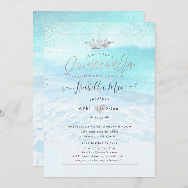 PixDezines Crystal Blue BeachShoreline Quinceanera Inbjudningar (Fram/baksida)