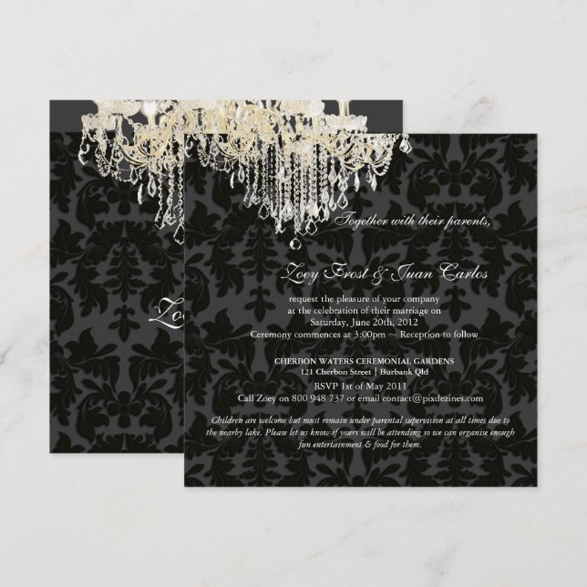 PixDezines Crystal Chandelier + Baroque Damask Inbjudningar (Fram/baksida)