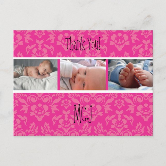 PixDezines Damask 12, Monogram tack-kort Meddelande Vykort (Framsida)