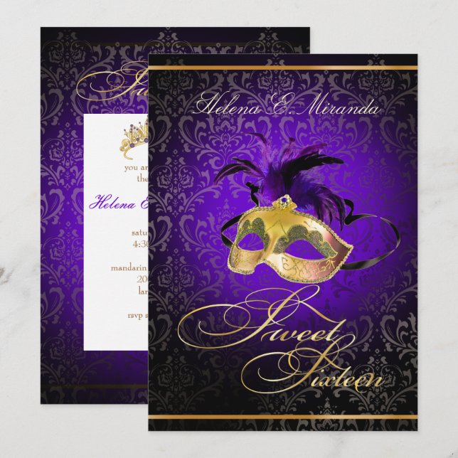 PixDezines DAMASK SWEET 16 MASQUERADE/DIY LILA Inbjudningar (Fram/baksida)