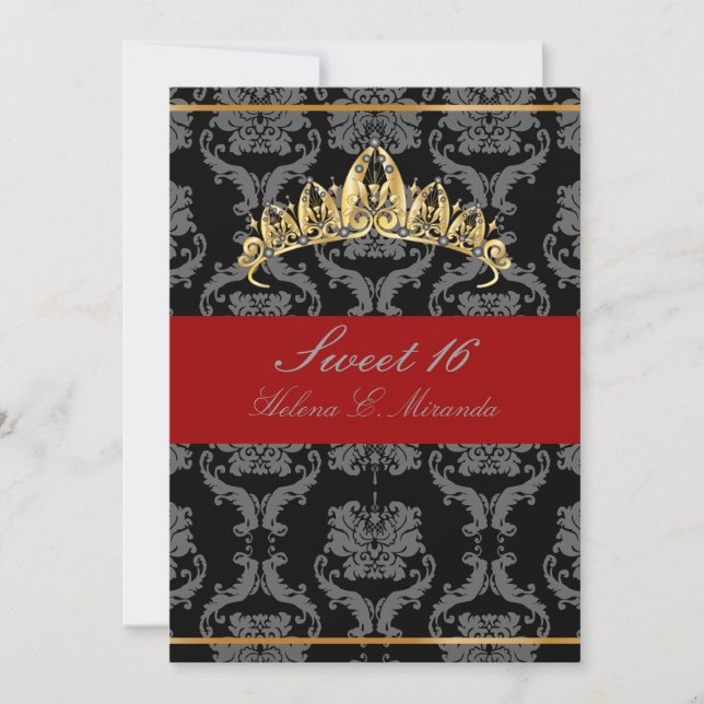 PixDezines Damask Sweet 16/ tiara/black/red velvet Inbjudningar (Framsida)