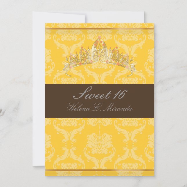 PixDezines Damask Sweet 16/ tiara/gult+choklad Inbjudningar (Framsida)