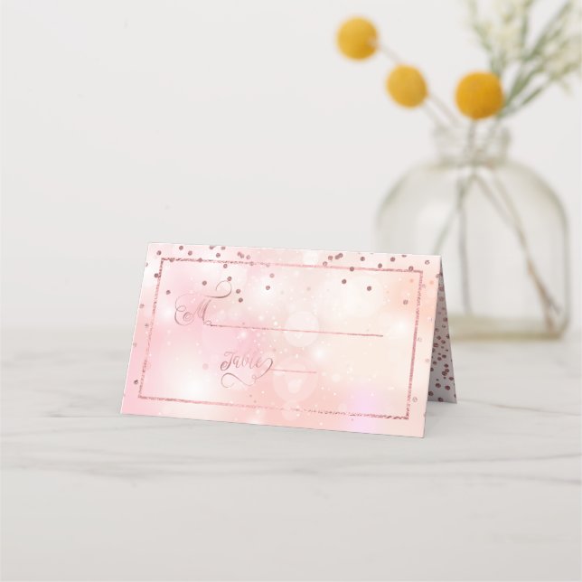 PixDezines Dazzled Faux Ro Guld Confetti+Bokeh Placeringskort (Framsida)