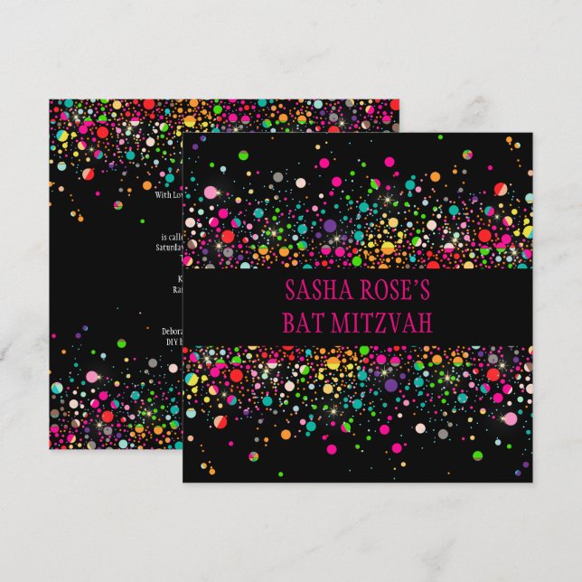 PixDezines Dazzled/Neon Specks/Bat mitzvah Inbjudningar (Fram/baksida)