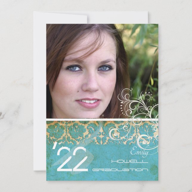 PixDezines Desiree Damask/vintage turkos Inbjudningar (Framsida)