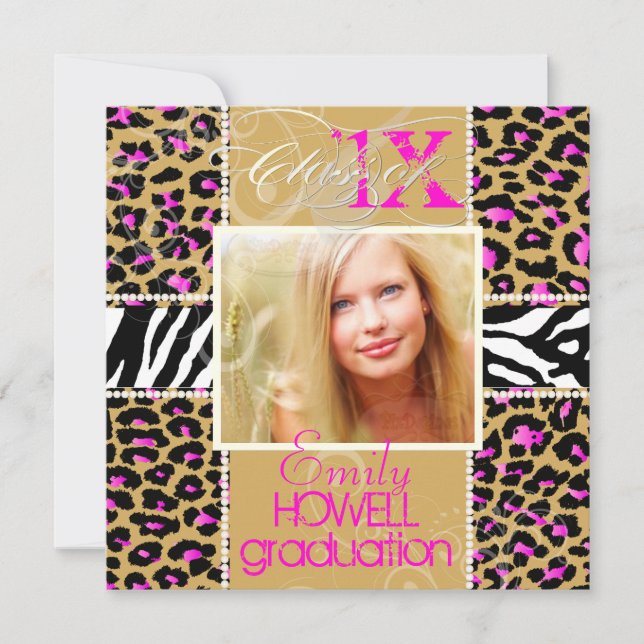 PixDezines diy 2012 Grads, rosa cheetah+zebra Inbjudningar (Framsida)