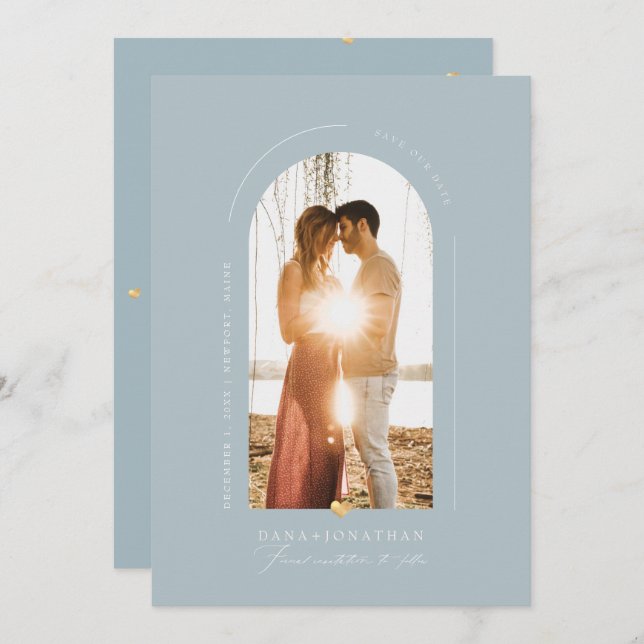 PixDezines DIY färg Dusty Blue Arch Spara Date Inbjudningar (Fram/baksida)